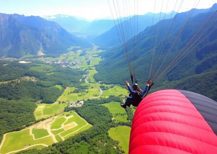 Paraglider above a green Himalayan valley
