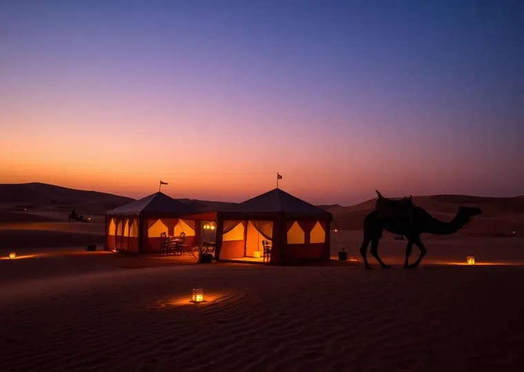 Desert camp tents lit at dusk in Rajasthan