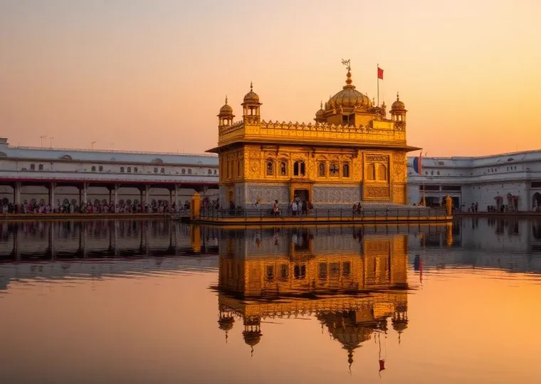 Golden Temple reflected in water at sunrise