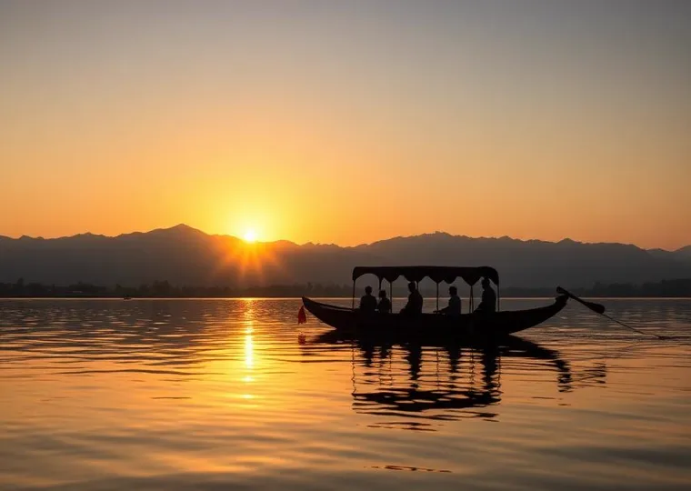 Shikara boat on Dal Lake at sunset