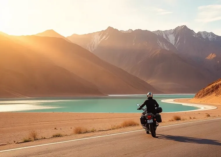 Rider beside a turquoise lake in Ladakh