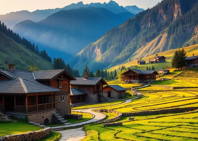 Wooden Himachali village houses above terraced fields