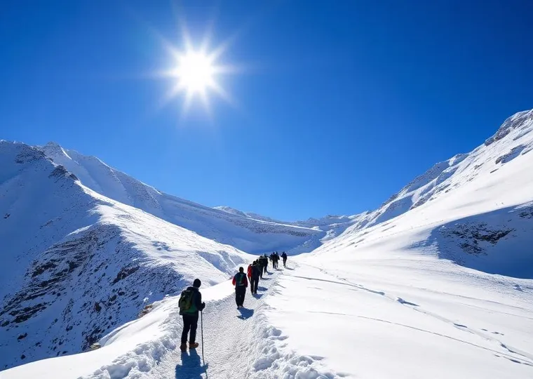 Trekkers on a snow trail in the Himalaya